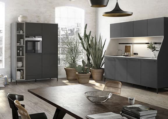 grey kitchen ,brown table