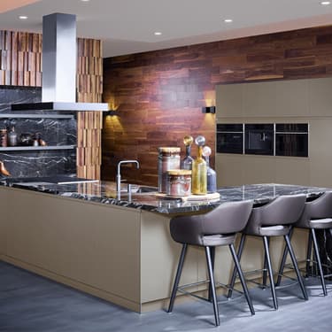 brown kitchen with high chair