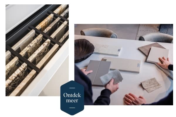 Moodboard met 2 afbeeldingen waarin stalen voor werkbladen te zien zijn