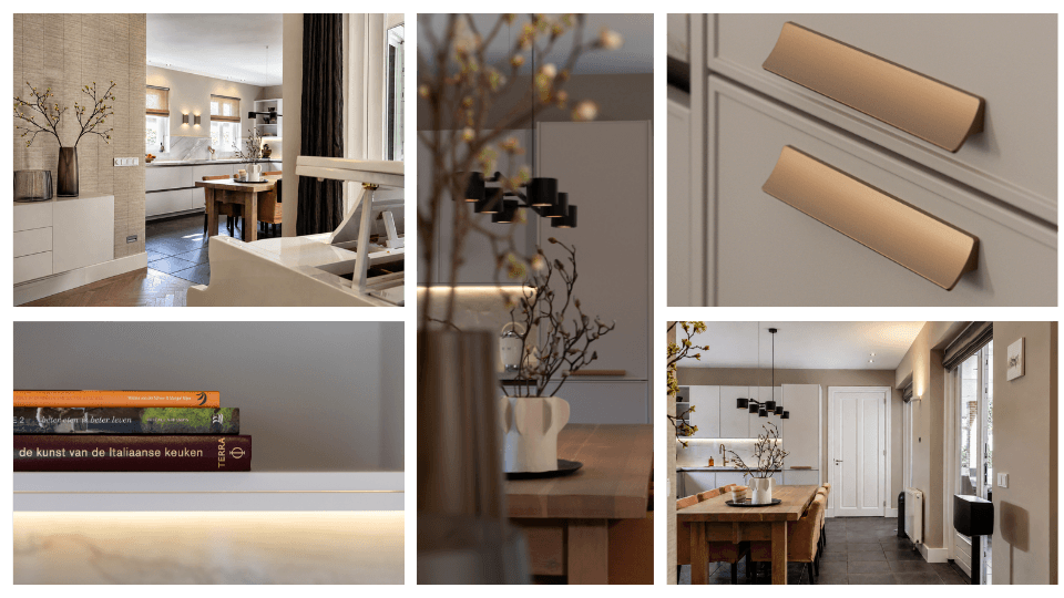 Moodboard met 5 foto's die een sfeerbeeld geven van een keuken