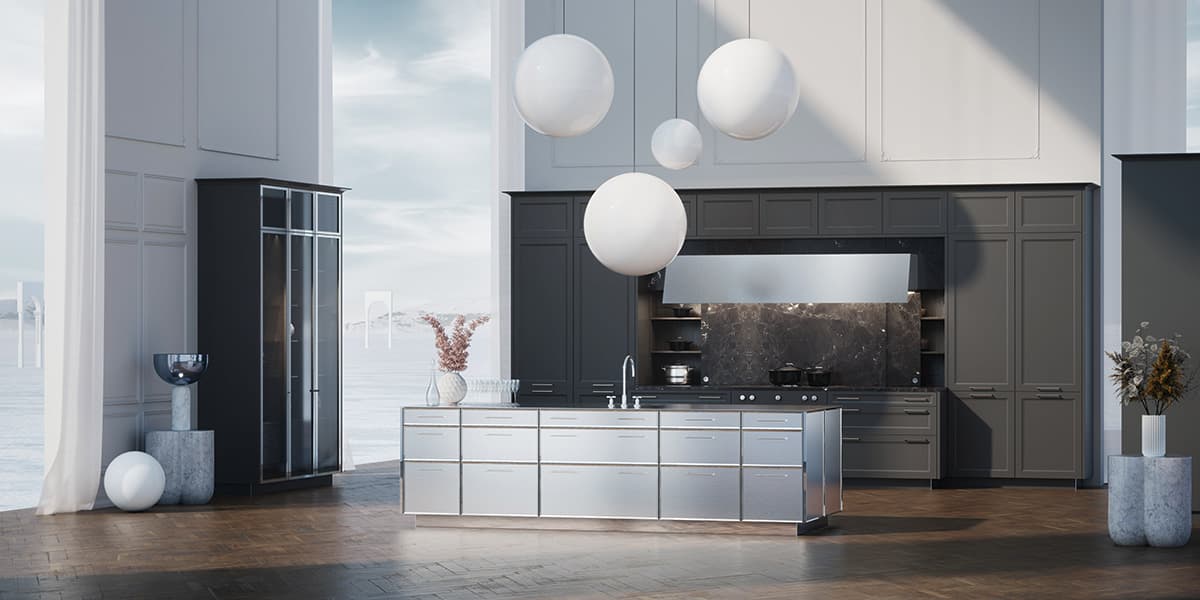 siematic-classic-eilandkeuken-zilver.jpg Zwarte eilandkeuken met zilver kookeiland